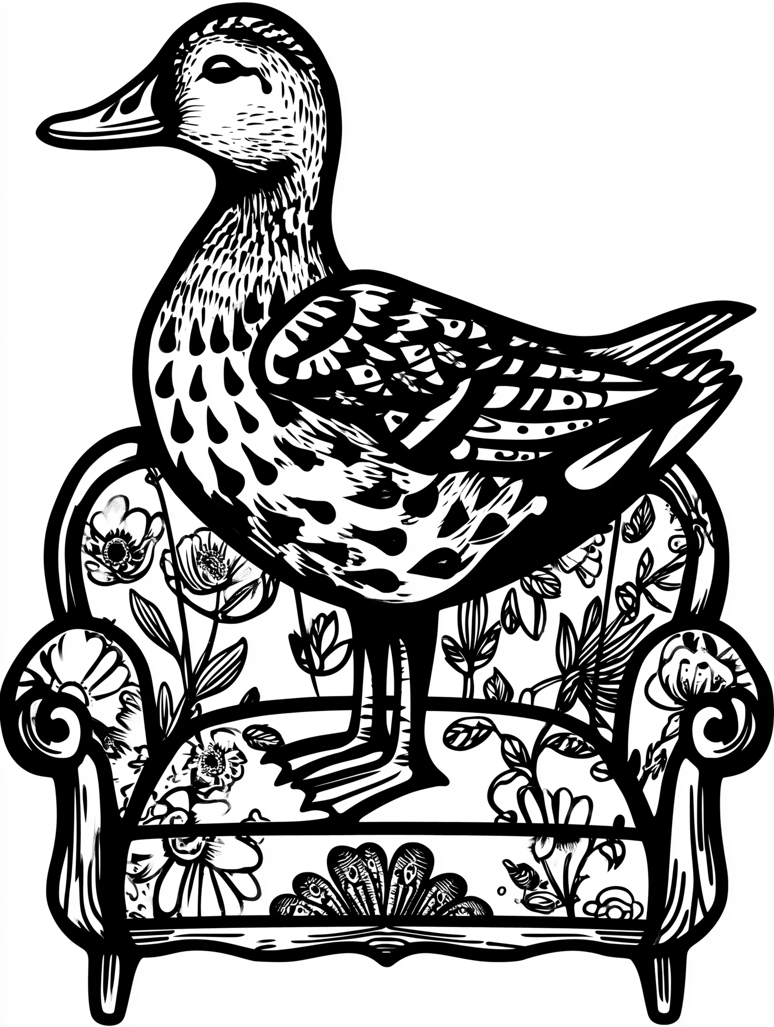 Free printable duck coloring page for adults featuring a duck standing on a couch